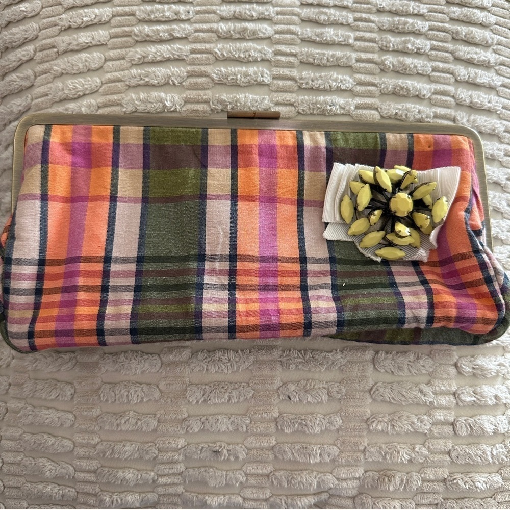 J. Crew 10” x 4.5” Plaid Flower Clutch Handbag Metal Clasp Opening